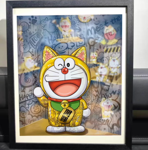 【Pre-order item, expected to arrive in the U.S. around mid-December.】Artwork 隐形富豪《迎福》 哆啦A梦潮流代艺术装裱画（SIZE：65*80cm）