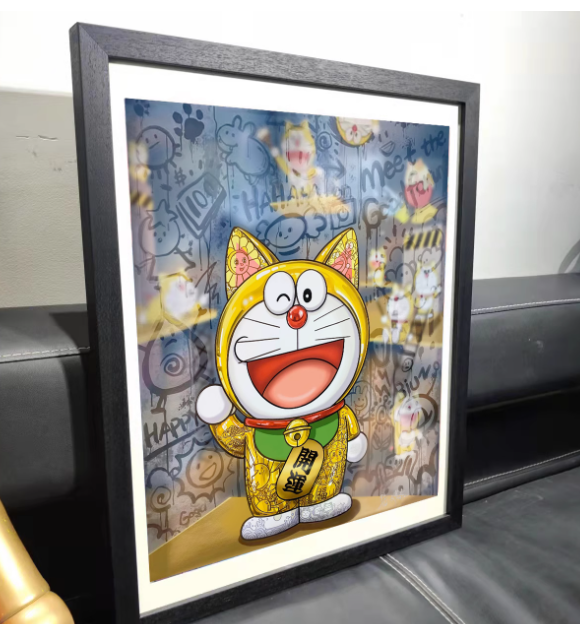 【Pre-order item, expected to arrive in the U.S. around mid-December.】Artwork 隐形富豪《迎福》 哆啦A梦潮流代艺术装裱画（SIZE：65*80cm）