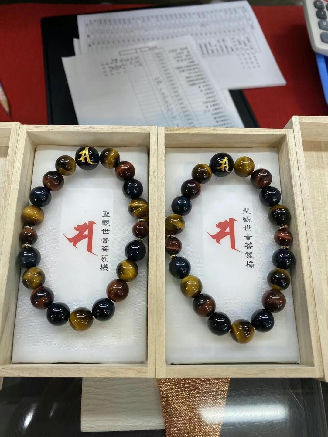 浅草寺 虎目石手链 木头盒 N-2