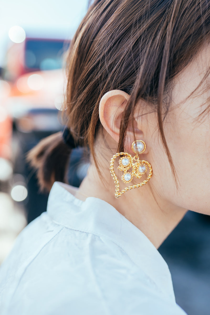 【Riko's collection】珍珠金属心形耳环