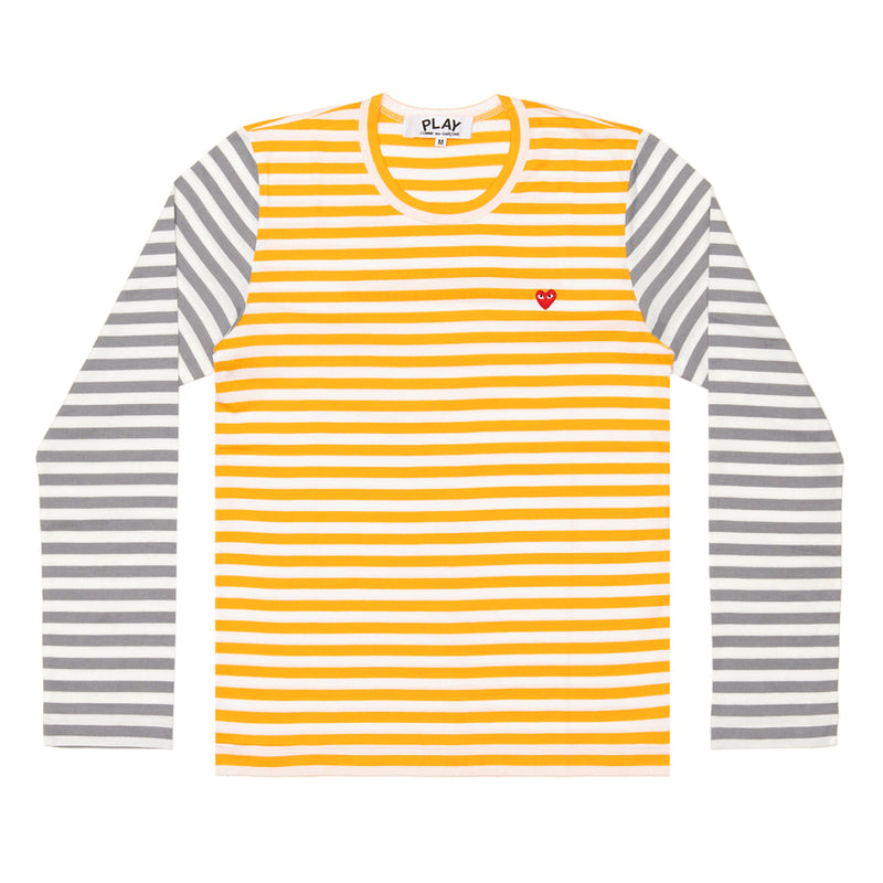 【PLAY 女士】 Play Comme Des Garçons Small Red Heart Striped L/S T-Shirt (Yellow X Gray) / PLAY 长袖条纹  （尺码偏小，洗后也会缩水尽量买大哦）