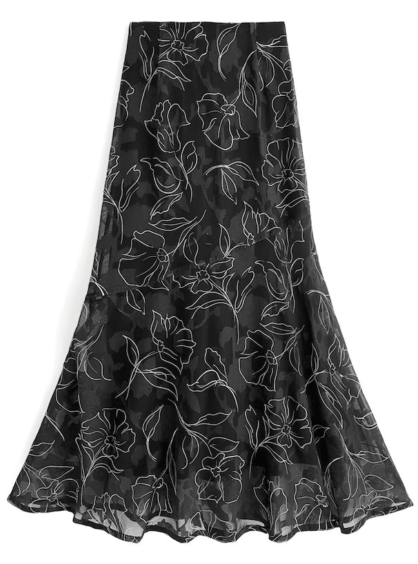 GRL 黑色花纹雪纺鱼尾裙 M码（70cm以内可以穿）