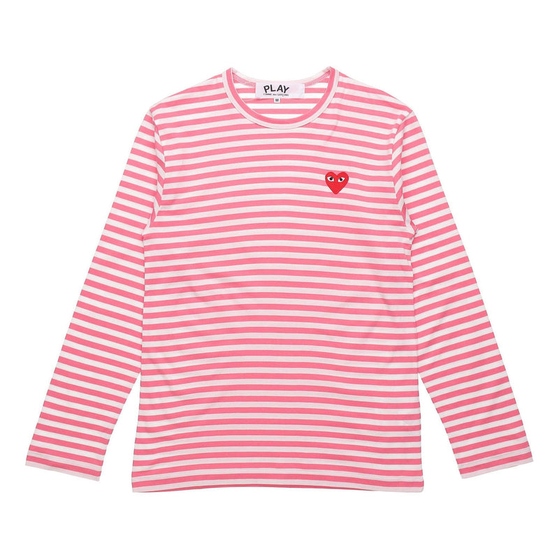【PLAY 男士】 Play Comme Des Garçons Small Red Heart Striped L/S T-Shirt (Pink X White) / PLAY 长袖条纹  （尺码偏小，洗后也会缩水尽量买大哦）