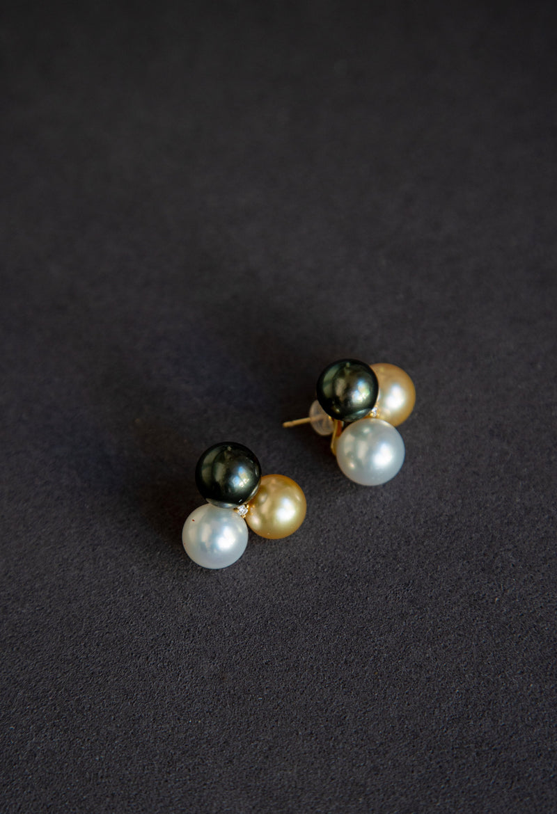 #RZ072，akoya+大溪地+南洋金珠 珠子大小9.5～10mm，配10分天然钻石，18k黄金托+耳针
