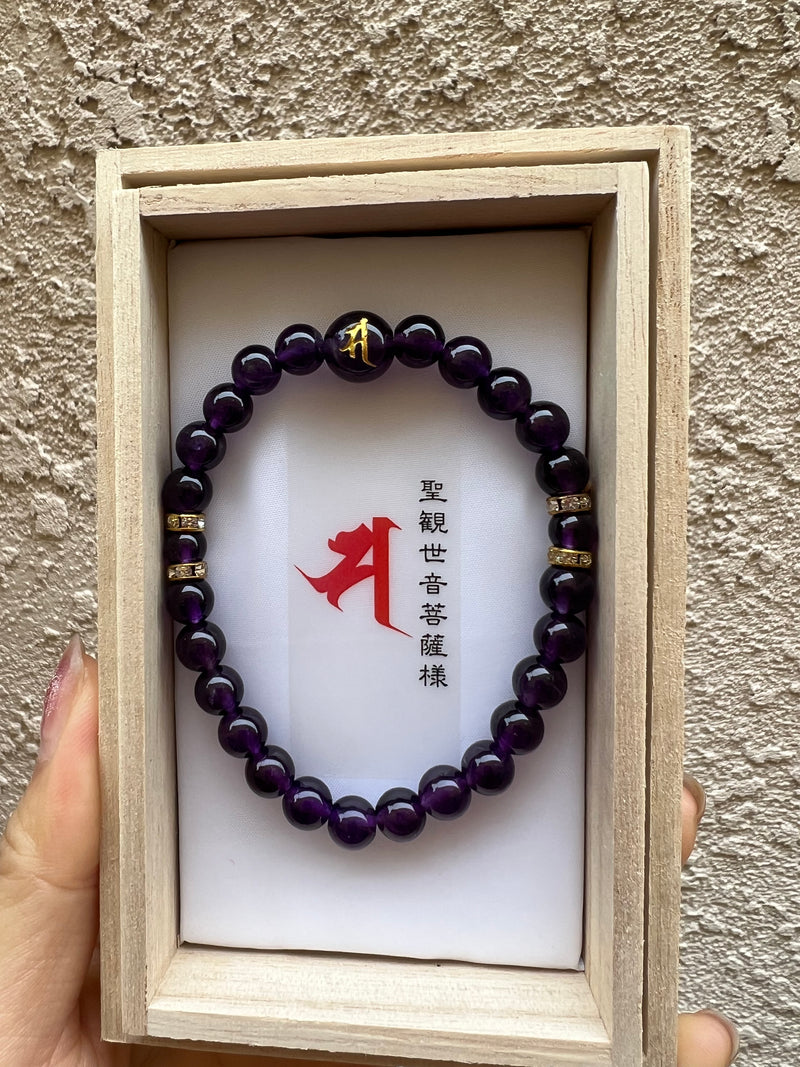 浅草寺 紫水晶手链 木头盒 N-4（手腕围17cm以内可以戴）